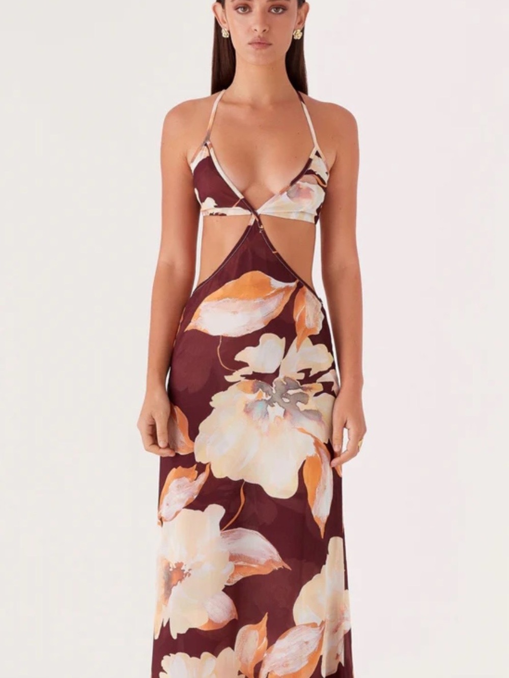 Peppermayo Maroon Floral Cutout Maxi Dress